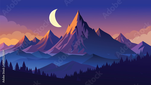 A mountain range with a crescent moon in the sky
