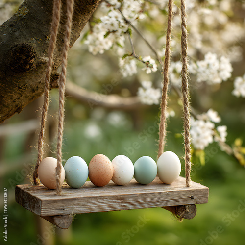 A row of eggs sitting on a rustic wooden swing hanging from a large tree in a spring garden. - Image #1 @Ai content creator
