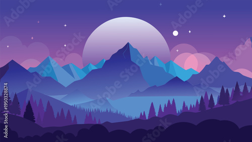 A purple mountain landscape with a large moon