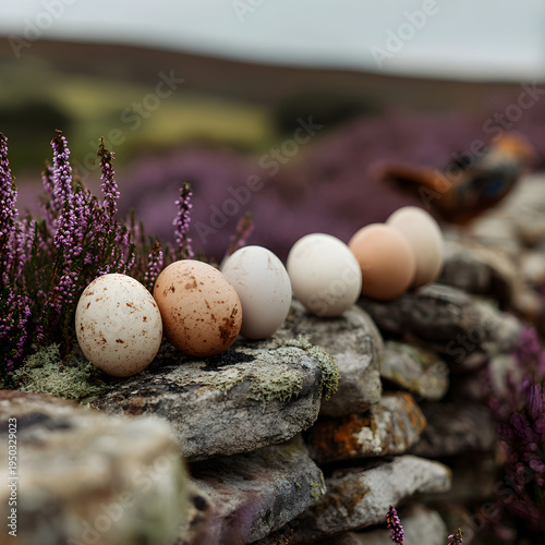A row of eggs sitting on a rustic stone wall with a background of blooming purple heather hills. - Image #1 @Ai content creator