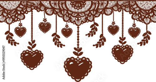 A beautiful illustration of brown hearts hanging from a lace border on a white background