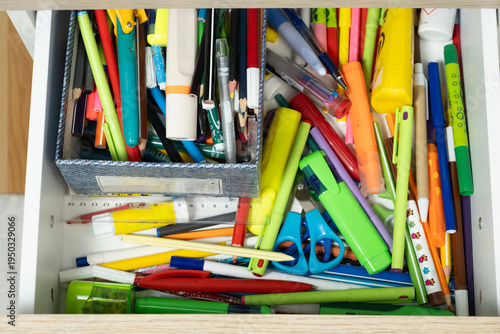 Wallpaper Mural Messy Open Drawer Full of Colorful School Stationery and Pencils Torontodigital.ca
