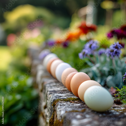 A row of eggs sitting on a garden wall with a background of a blooming vegetable garden. - Image #1 @Ai content creator