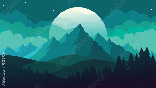 A mountain range under a full moon