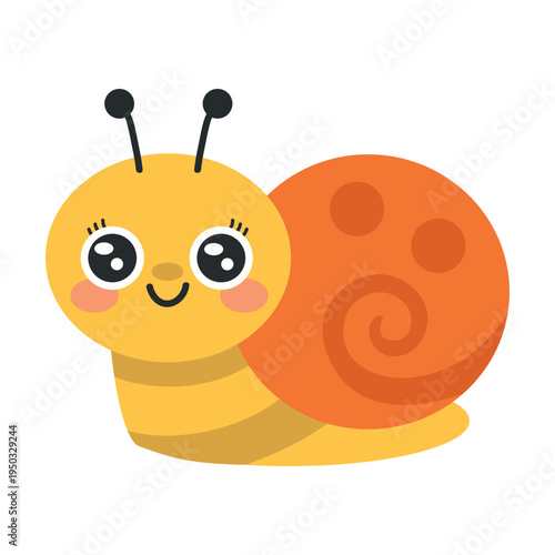 Cute snail cartoon character for kids. Friendly smiling garden mollusc with spiral shell in simple flat vector style isolated on white background.