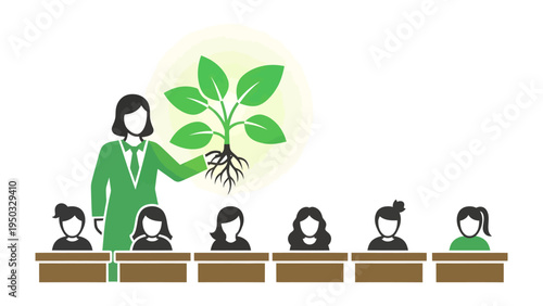 Growing the Future: A teacher nurturing a plant as a metaphor for education, growth, and the cultivation of knowledge within a classroom setting.