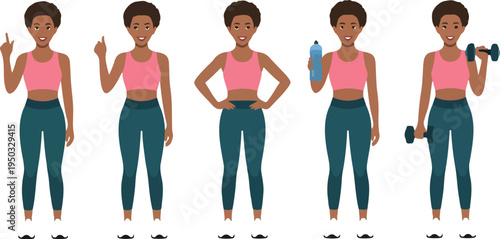 Sporty African woman in fitness sportswear set isolated vector illustration showing exercise, training, and active healthy lifestyle poses