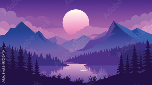 A serene mountain landscape with a lake and trees