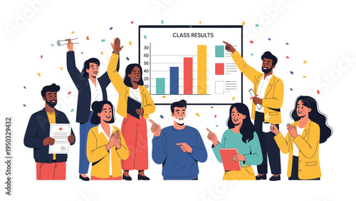 Celebrating Academic Triumph: A diverse group of students and instructors celebrate academic achievements, highlighting successful results and fostering a sense of community and shared accomplishment.