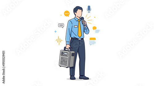 Public Speaker with Microphone: A male figure, poised with a microphone, ready to address an audience. A person carrying audio equipment signifies a professional presentation.