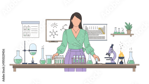 The Scientist's World: A scientist stands ready, surrounded by lab equipment, in an illustration showcasing a world of scientific discovery and experimentation. The scene is meticulously crafted.