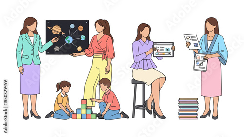 Educators Empowering Young Minds: Educators engage in a variety of educational activities, from teaching astronomy to guiding children through block play.