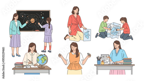 Classroom Harmony: Depicting a scene of learning and collaboration, educators and students engage in various activities within a dynamic school environment.