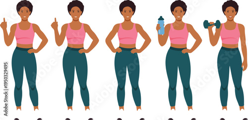 Sporty African woman in fitness sportswear set isolated vector illustration showing exercise, training, and active healthy lifestyle poses