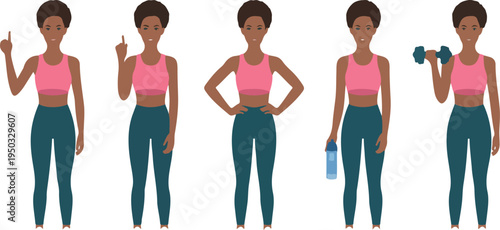 Sporty African woman in fitness sportswear set isolated vector illustration showing exercise, training, and active healthy lifestyle poses