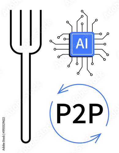 Artificial intelligence, peer-to-peer networks, digital innovation, data sharing, technology solutions, blockchain. A circuit with AI label, fork and P2P with arrows. AI and peer-to-peer networks