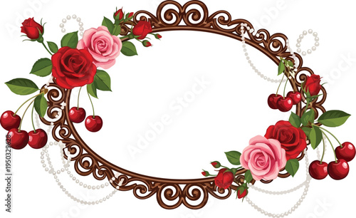 A beautiful floral wreath with red roses, pink roses, and cherries on a white background