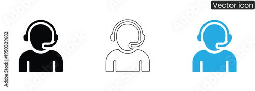 Vector icons of customer service representatives in black, line art, and blue, perfect for support and call center concepts
