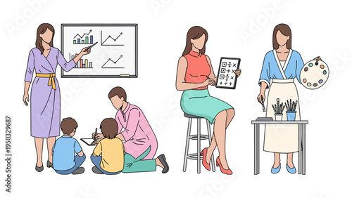 Diverse Women in various fields: Illustrations of accomplished women in various professions, from teachers to artists, highlighting their impact and contributions to the community. 