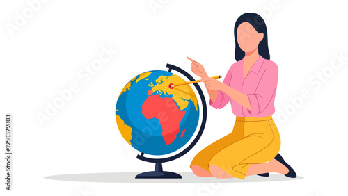 Geographic Guidance: An educator, engrossed in a vibrant globe, guides a learning session, demonstrating the marvels of world exploration.