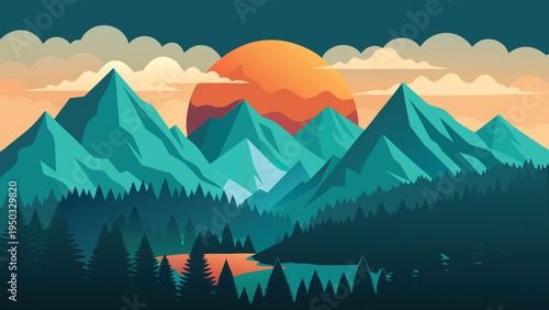 A mountain range with a lake and trees at sunset