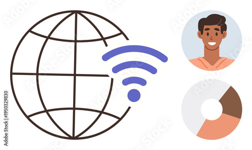 Global communication, technology, user engagement, digital data, online profiles, and analytics. Globe with wireless signal, user avatar and pie chart icon. Global communication and technology
