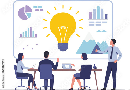 Flat design business strategy illustration featuring a marketing funnel with icons for growth data and corporate process management.