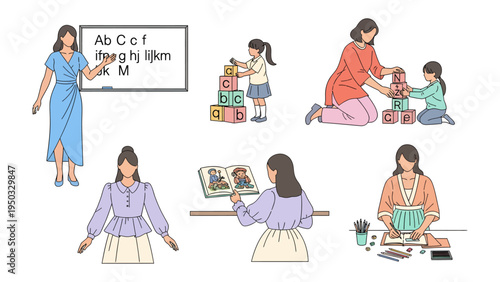 Nurturing Minds and Building Futures: A heartwarming illustration of a dedicated female educator guiding young children in a variety of educational activities. 