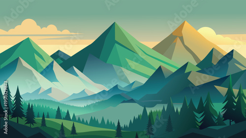 A serene mountain landscape with trees and a cloudy sky