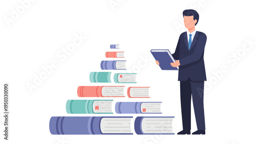Knowledge pyramid: A modern illustration depicts a man thoughtfully surveying a pyramid of books, symbolizing the process of gaining knowledge.