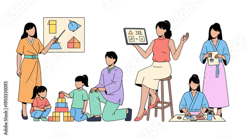Education and Skill Development: A diverse illustration showcases various educational settings, from hands-on building to digital learning, emphasizing skill development and knowledge acquisition.