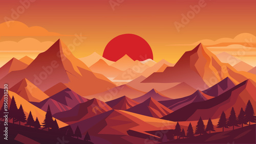 Sunset over a mountain range with trees