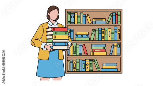 A Librarian's Literary Collection: A librarian carefully arranges a stack of books, symbolizing the world of knowledge, and stands before a packed bookshelf.