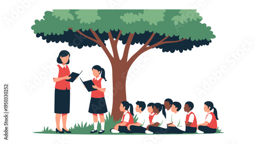Reading Under the Tree: A teacher engages a group of students in an outdoor reading session under the shade of a large tree, fostering a love for learning in a natural environment.