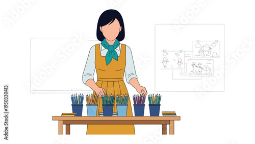Creative Guidance: An Educator Curates Supplies: An educator thoughtfully arranges colorful pens for student creativity, guiding them in the joyful pursuit of artistic expression.