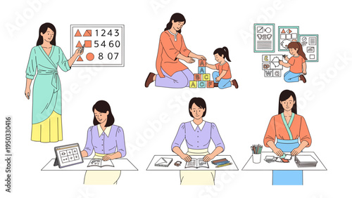 Early Childhood Education Moments: A teacher guiding and nurturing young children, encompassing diverse educational activities. 