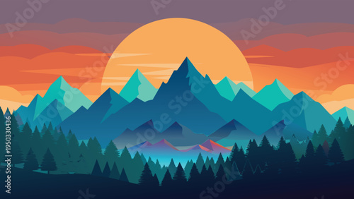 A mountain range with a sunset in the background