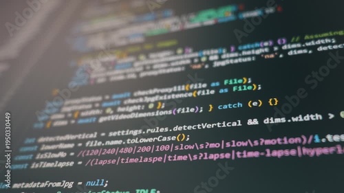 Computer monitor displays scrolling lines of syntax highlighted programming code in dark mode. Concept of vibe coding, artificial intelligence development, and modern machine learning workflow