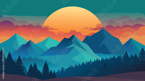 Sunset over a mountain range with trees