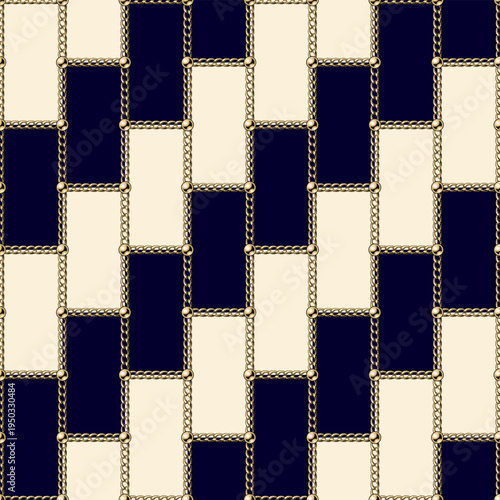 Seamless jewelry pattern with golden chains, beads arranged in geometric rectangular grid. High contrast diagonal background. Classic elegance design