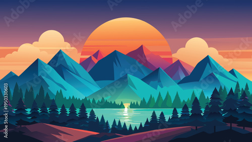 A serene mountain landscape at sunset with a lake and trees