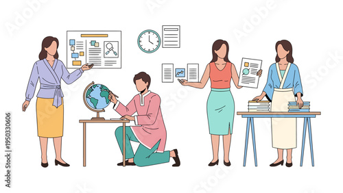 Teacher's Workspace and Classroom: A group of educators are engaged in various teaching-related activities within a dynamic classroom environment. 