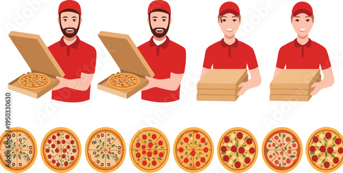 Handsome delivery man in red uniform in various poses holding and presenting pizza, tasty food delivery set vector illustration