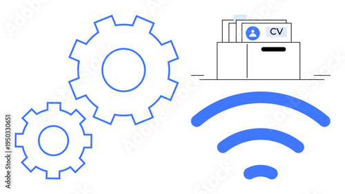 Automation concept. Gear icons alongside file storage and wireless network symbols automation in technology. Automation streamlines processes in business, IT, and communication. Usage workflow