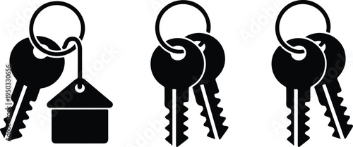 Minimalist house key icon set with keychain and silhouette keys arranged horizontally in clean black and white design