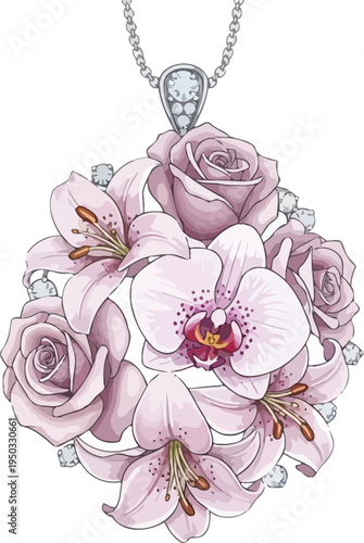 A beautiful floral pendant necklace with pink roses and orchids on a silver chain