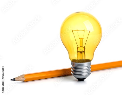 Illuminated light bulb stands over a yellow pencil, on a clean white surface; idea manifestation concept