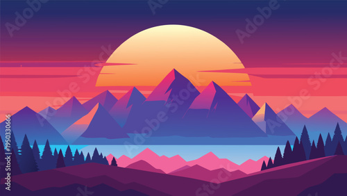 A colorful mountain range with a sunset