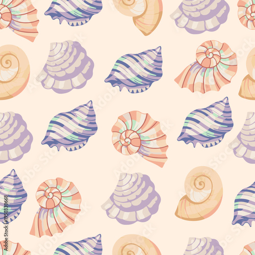 Pastel seashell seamless pattern with nautilus conch and scallop shells soft coastal summer background