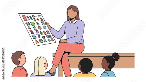 Learning with an Educator: An educator uses educational tools to teach numbers and shapes to children.